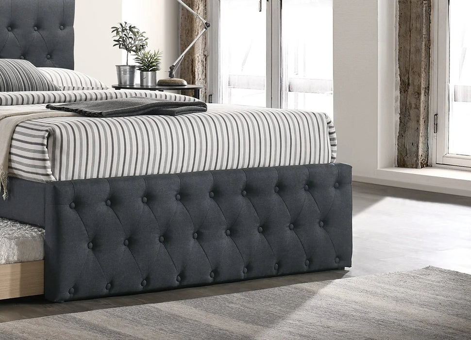 Contemporary Twin Size Bed w/ Trundle Slats Charcoal Burlap Upholstered Button Tufted Headboard Footboard Youth Bedroom Furnitur