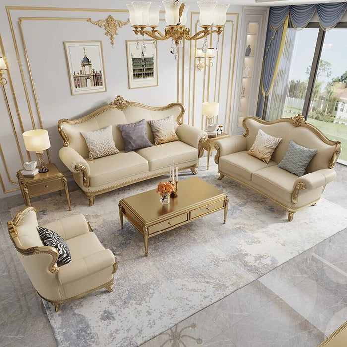 French Style Living Room Sofa Set Antique Solid Wood Carved Couch Classic Hotel Lobby 3+2+1 Sofa
