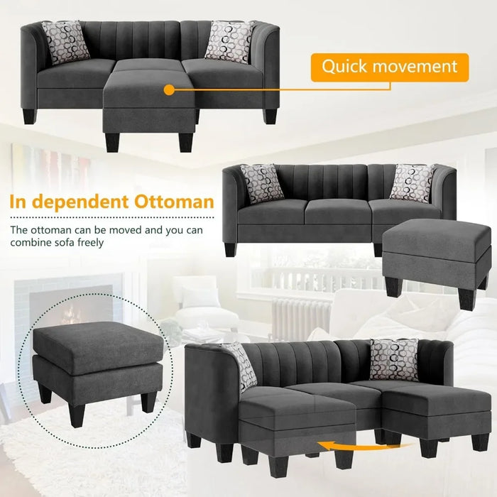 3 Seat L Shaped Sofa With High Armrest Linen Fabric Small Couch Mid Century for Living Room Apartment and Office Sofas Furniture