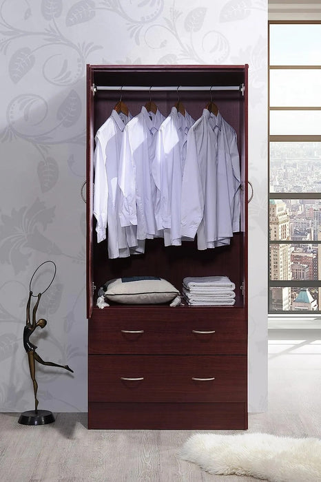 HODEDAH IMPORT Two Door Wardrobe, with Two Drawers, and Hanging Rod, Mahogany