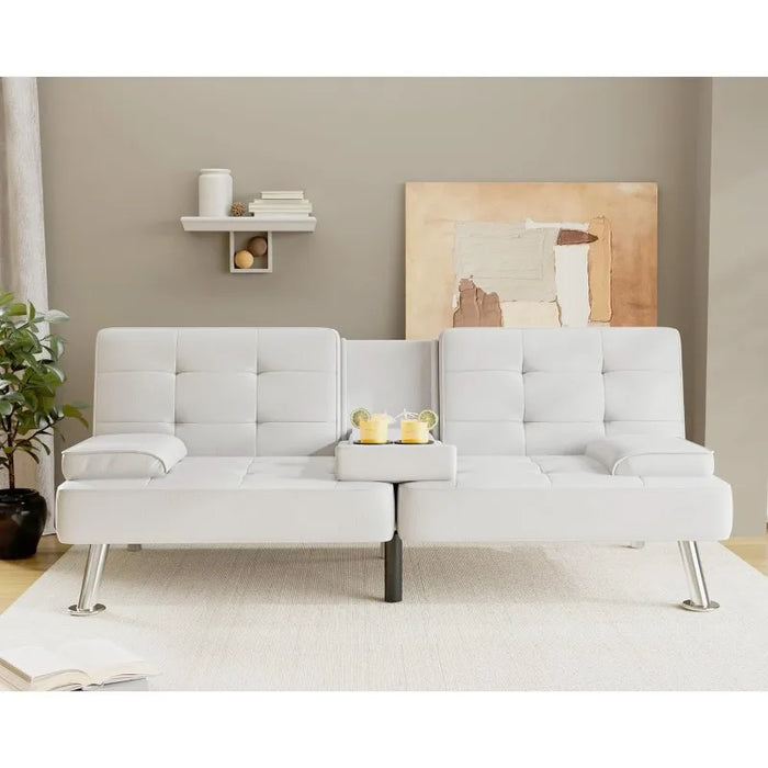 Futon Sofa Bed Modern Couch, Convertible Folding Futon Couch Recliner Lounge with 2 Cup Holders with Armrest (White)
