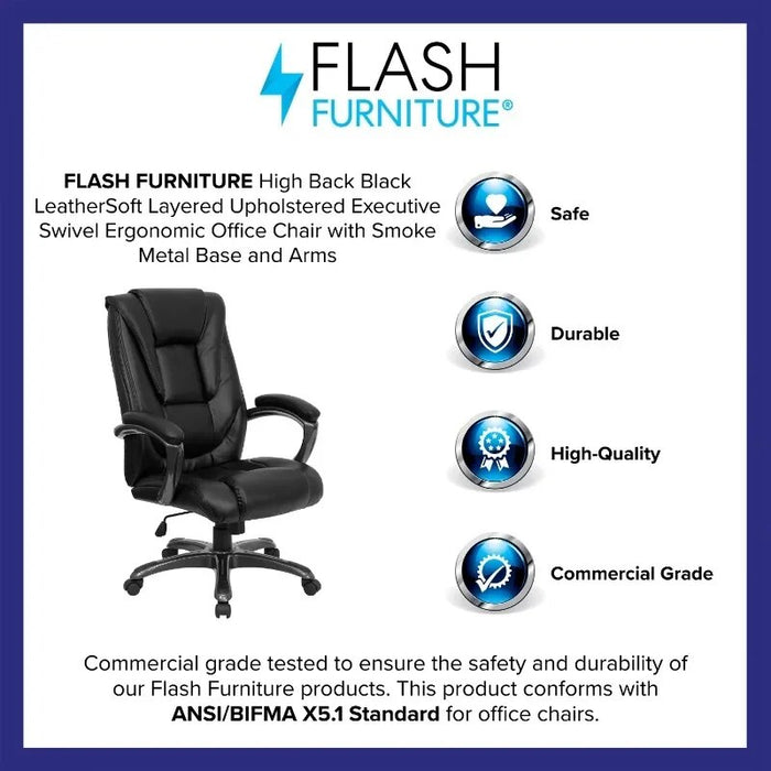 Flash Furniture High Back LeatherSoft Layered Upholstered Executive Swivel Ergonomic Office Chair with Smoke Metal Base
