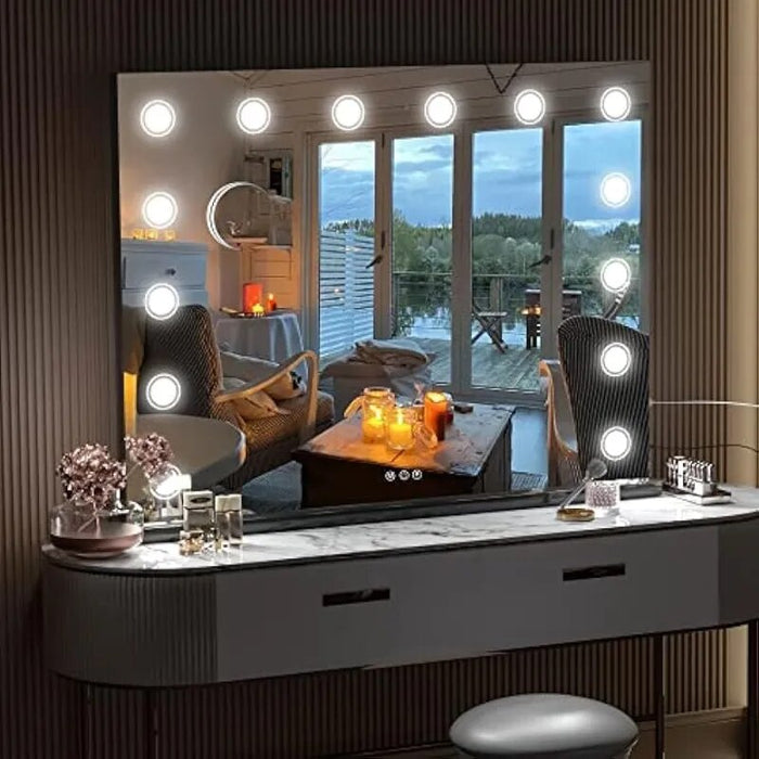 Makeup Mirror, Light up Mirror with 14 Dimmable LED Lights and 10X Magnification,  USB Charging Port, Black dresser