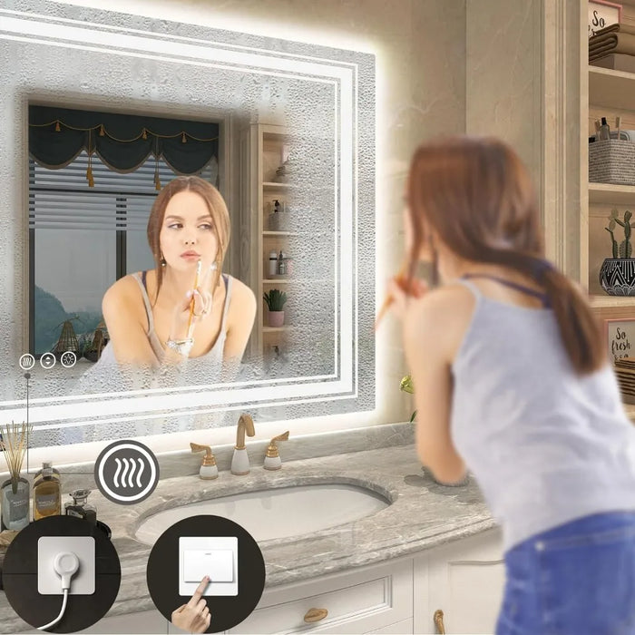 Bathroom Mirror, Wall Illuminated Makeup Mirror, Dimmable, Shatterproof, Anti Fog, Headlight+backlight Bathroom Mirror