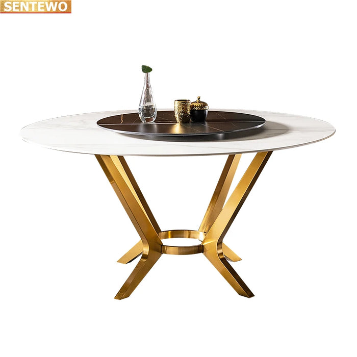 Designer Luxury round Marble Rock Slab dining table set 4 6 8 chairs esstisch furniture comedor marbre Stainless steel gold base