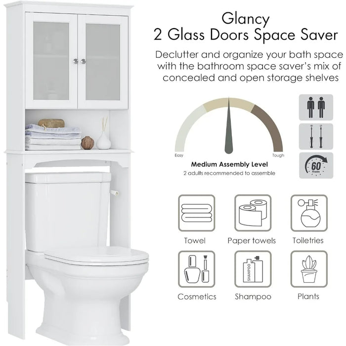 Above Toilet Storage Cabinet With Glass Doors Bathroom Organizer and Storage White Home Furniture Accessories Cabinets Shelf