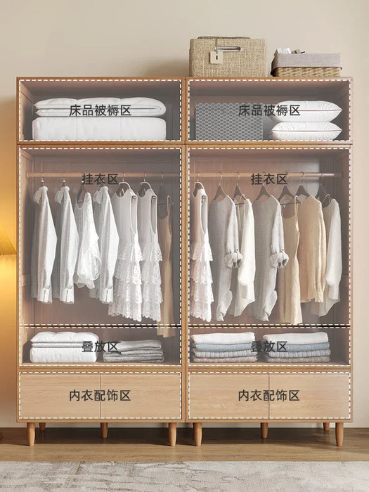 Solid wood wardrobe, home bedroom storage cabinet, small unit, natural wood oak hanging wardrobe, sliding door wardrobe