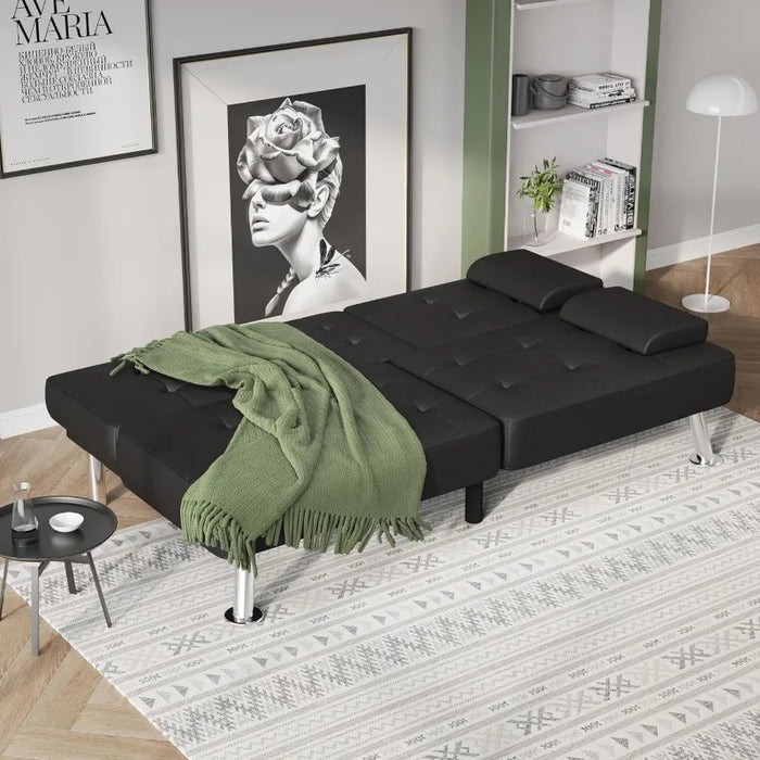 Flamaker Futon Sofa Bed Modern Faux Leather Couch, Convertible Folding Futon Couch Recliner Lounge for Living Room
