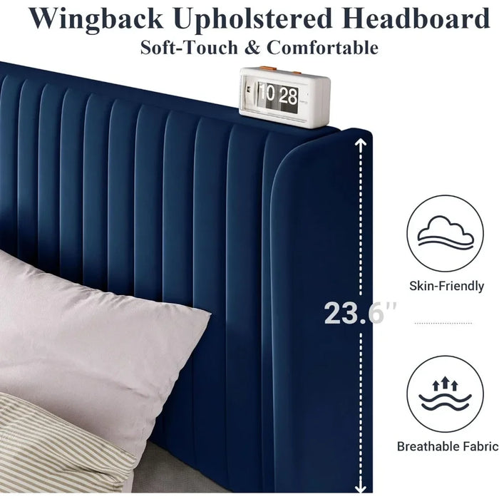 Bed FrameFull-size velvet Bed Frame, vertical groove tufted wingback headboard, sturdy wood slats, blue, upholstered platform be
