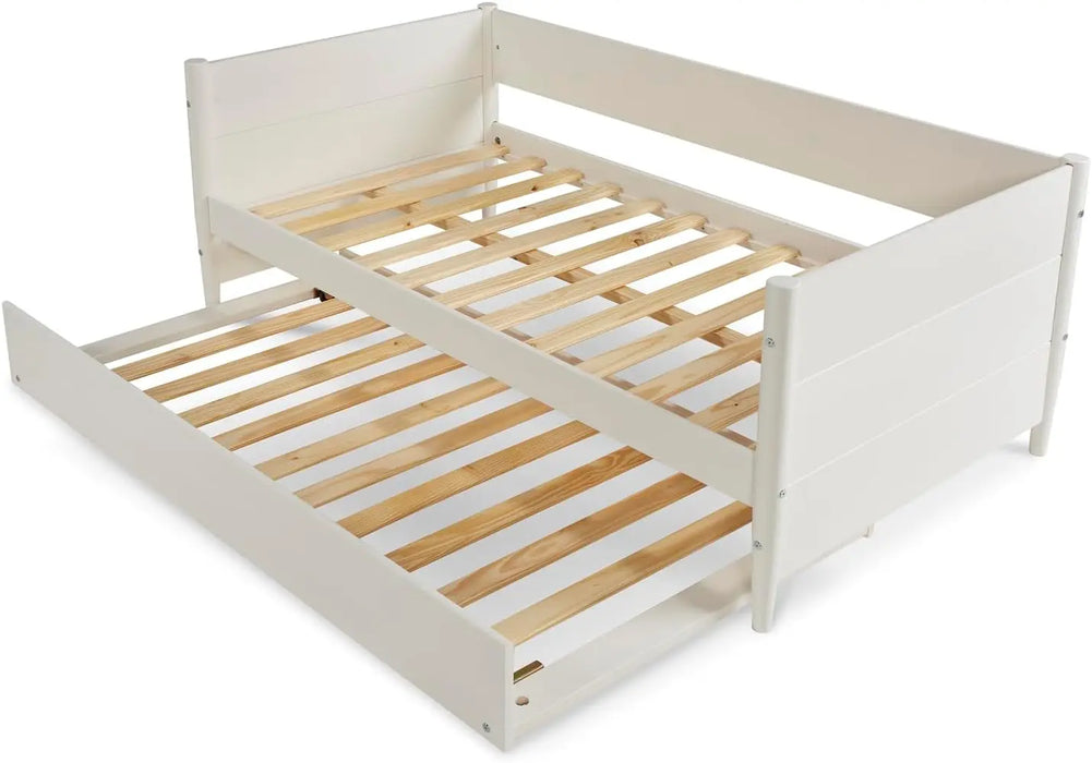 Mid-Century Modern Daybed-Trundle Set/Solid Wood/Panel Headboard/Mattress Foundation has 14 Wood Slats & Center Support