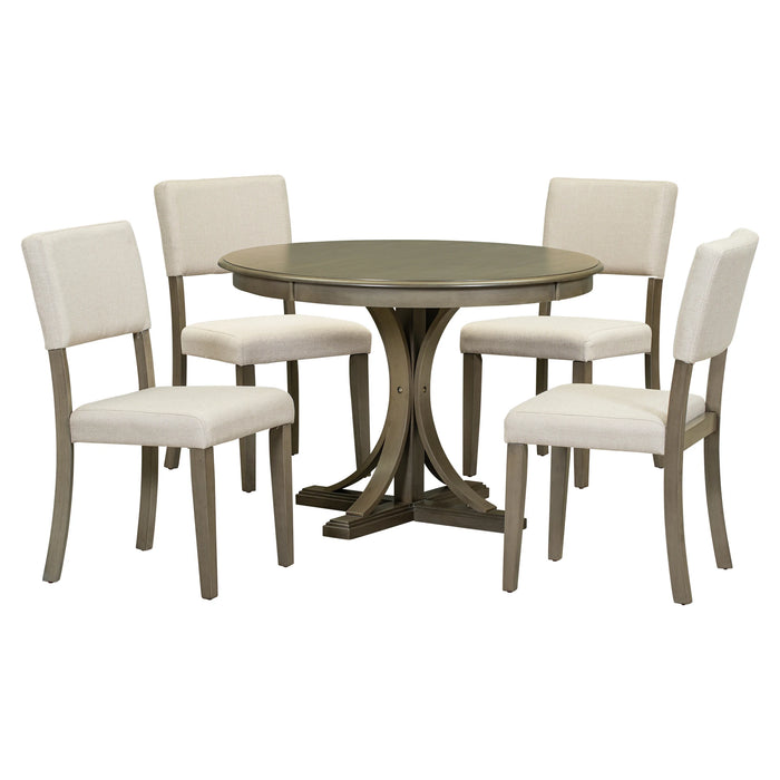 5-Piece Retro Round Dining Table Set with Curved Trestle Style Table Legs and 4 Upholstered Chairs for Dining Room