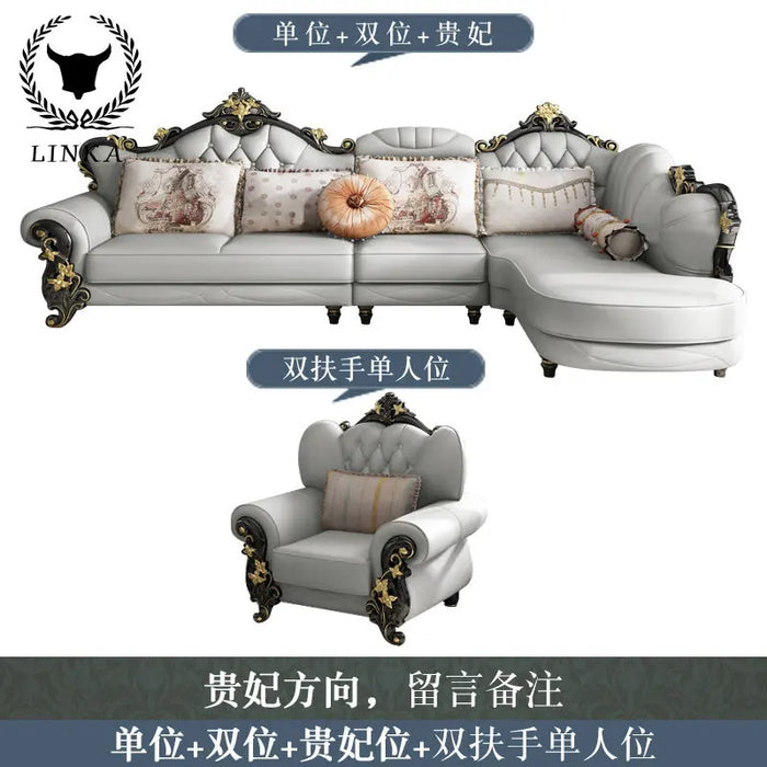 European Leather Sofa Combination Living Room High-end Luxury Modern American Light Luxury Corner Solid Wood Furniture
