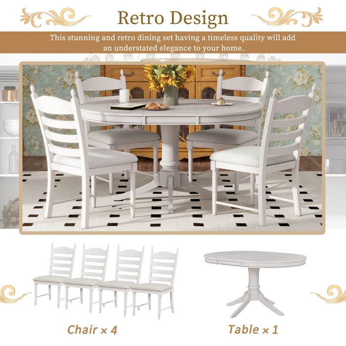5-Piece Retro Functional Dining Table Set Wood Round Extendable Dining Table and 4 Upholstered Dining Chairs (Antique White)