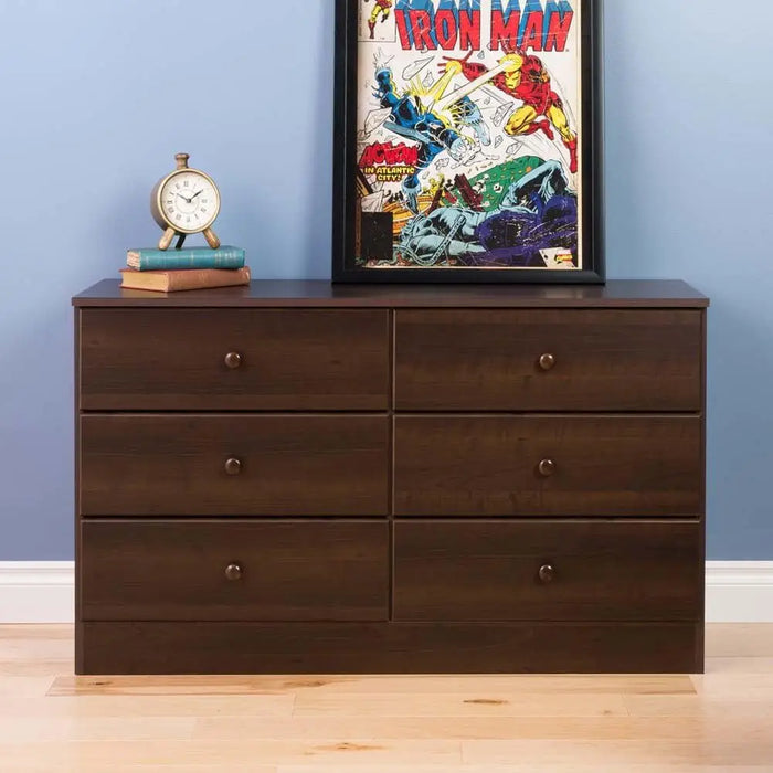 6 Drawer Double Dresser For Bedroom, 16" D x 47.25" W x 28.25" H, Black