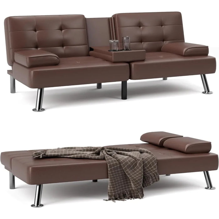 Metal Legs Sofa Cup Holders Futon Sofa Bed Sleeper Couch for Living Room Faux Leather Upholstered Loveseat W/Removable Armrests