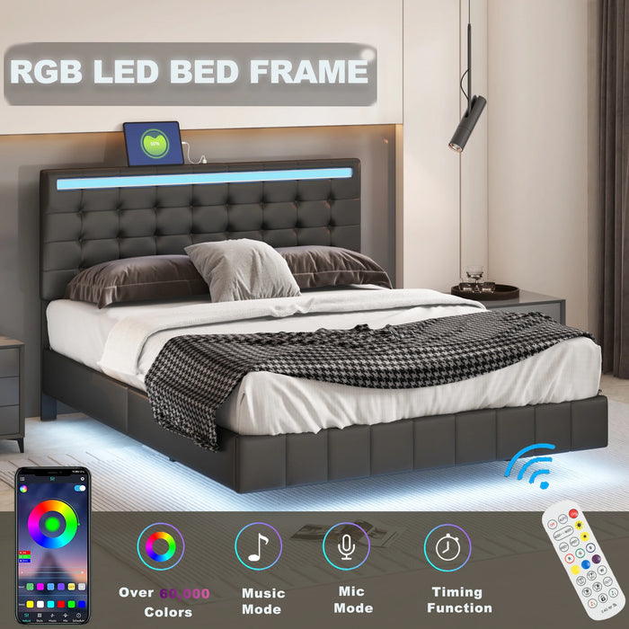 [Flash Sale]Queen Size Floating PU/Linen Bed Frame W/LED Lights&USB Charging Modern Upholstered Platform Bed Black/White[US-W]