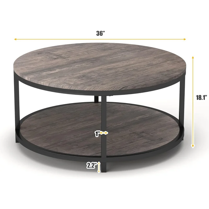 NSdirect NS Round, 36 inch Coffee Living Room,2-Tier Rustic Wood Desktop & Sturdy Metal Legs Table Modern Design Home Furniture