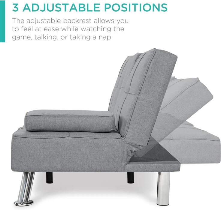 Modern Folding Futon, Reclining Sofa Bed for Apartment, Dorm w/Removable Armrests, 2 Cupholders - Gray