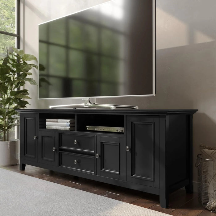 SOLID WOOD 72 In Wide Transitional TV Media Stand in Black For TVs up to 80 Inches, For The Living Room and Entertainment Center