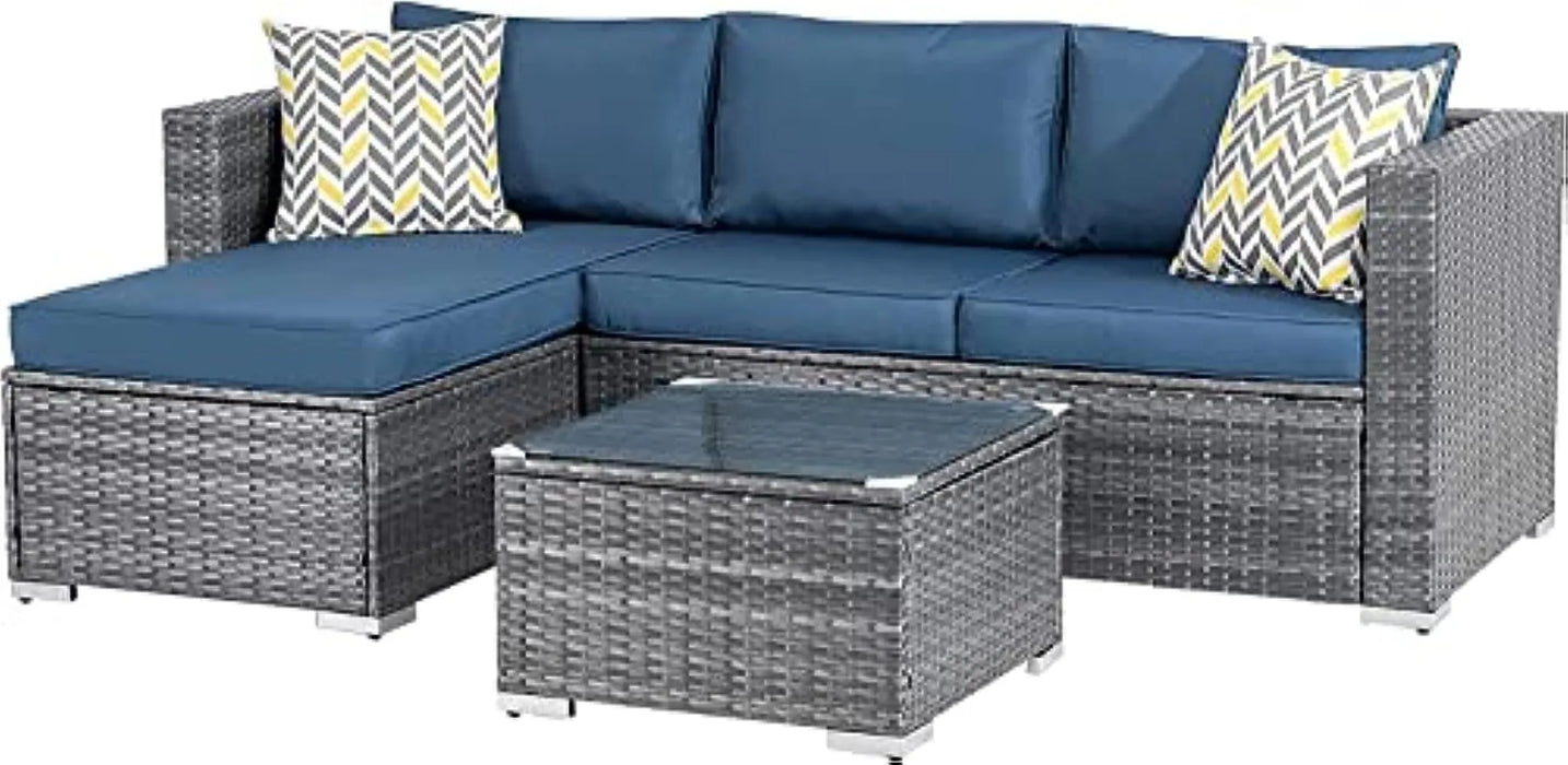 Shintenchi Patio Furniture Sets 3 Pieces Outdoor Sectional Sofa Silver All-Weather Rattan Wicker Sofa Small Patio Conversation
