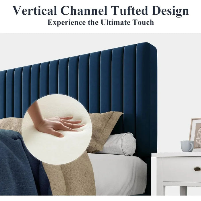 Large bed frame, velvet padded bed with adjustable vertical channel tufted headboard, mattress base, easy to assemble, bed