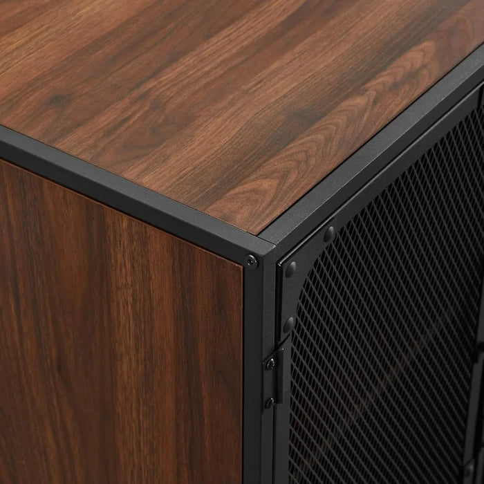 TV cabinet, 4-door metal mesh TV console, suitable for 65 inch deep walnut wood TV storage cabinet