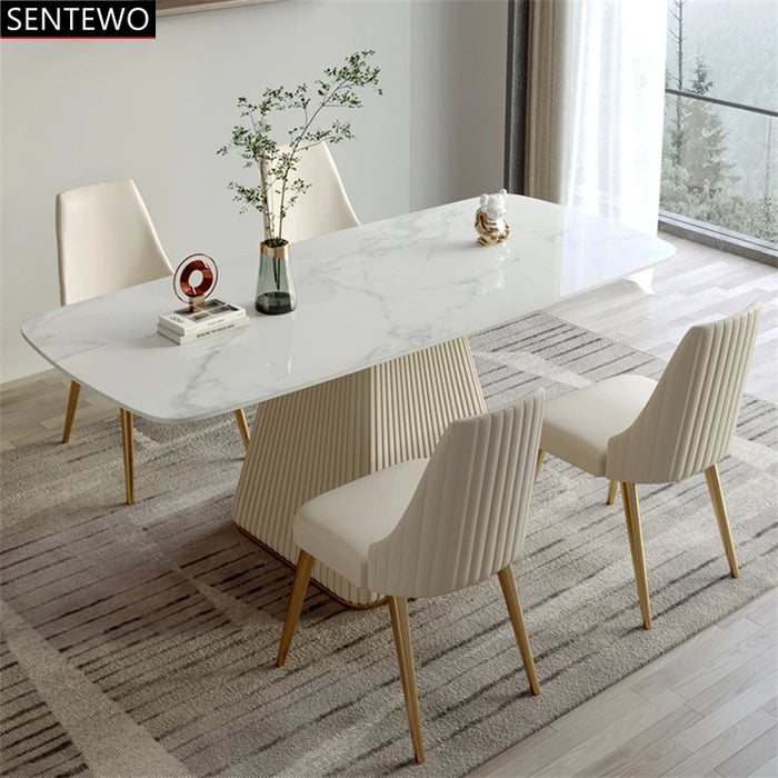 Luxury Rock Slab Dining Table 8 Dinner Chairs Set Stainless Steel Leather Base Faux Marble Table Furniture Mesa Com 6 Cadeiras