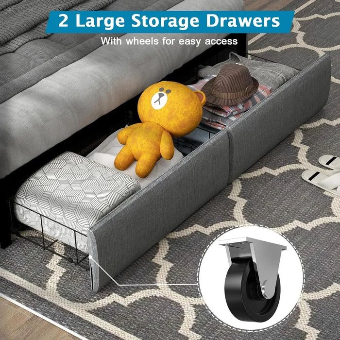 Bed Frame, LED Remote Control Grey 1-tier Storage Headboard with 2 Storage Drawers Padded Tufted Wing Back Bed Frame