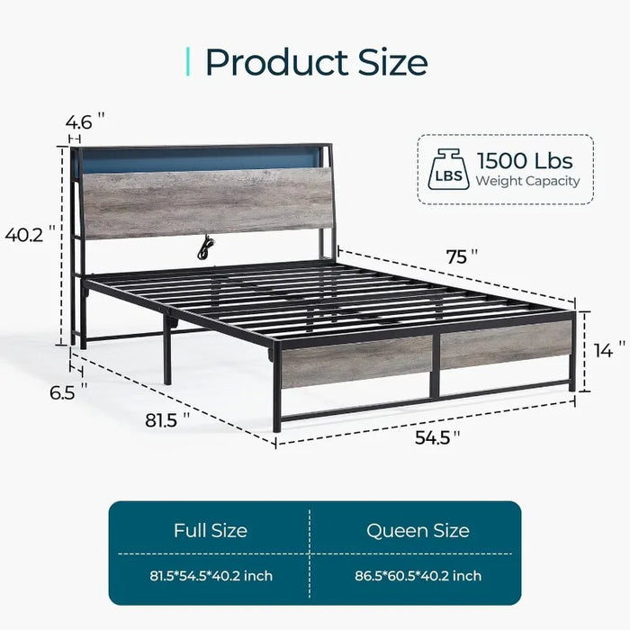 LINSY Full Bed Frame with Storage Ergonomic Headboard 14 Inch Fast Assembly Metal Bed with Lights Outlets & USB Full Size US
