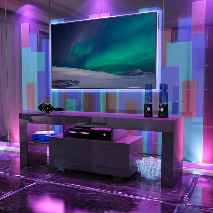 TV cabinet with LED lights and drawers, modern high gloss TV cabinet with 2 glass open shelves, living room TV cabinet