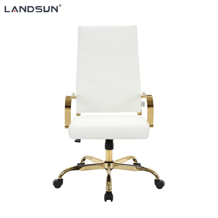 White PU Leather Executive Chair Furniture Golden Chromed Metal Frame Swivel Office Chair