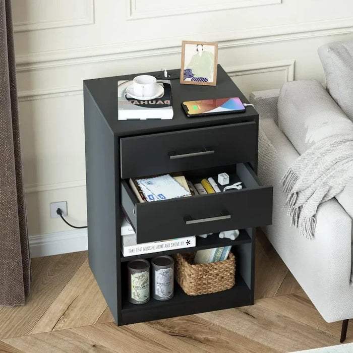 Irontar Nightstands Set of 2, Night Stand with Charging Station, Bedside Table with Removable Shelf, End Table with Open Storage