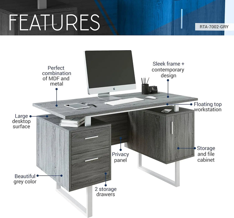 Modern Office Desk with Storage, Wide Home Office Computer Desk with Storage Cabinet and Hanging File Cabinet, Gray