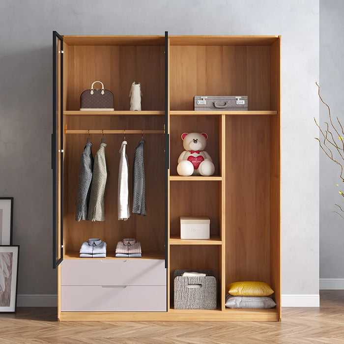 Custom solid wood sliding wardrobe two-door sliding door glass Japanese-style small apartment home bedroom with drawers modern m
