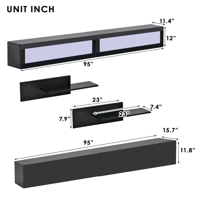 Wall Mount Floating TV Stand with 4 Media Storage Cabinets and 2 Shelves, High Gloss Entertainment Center for 95+ in. TV