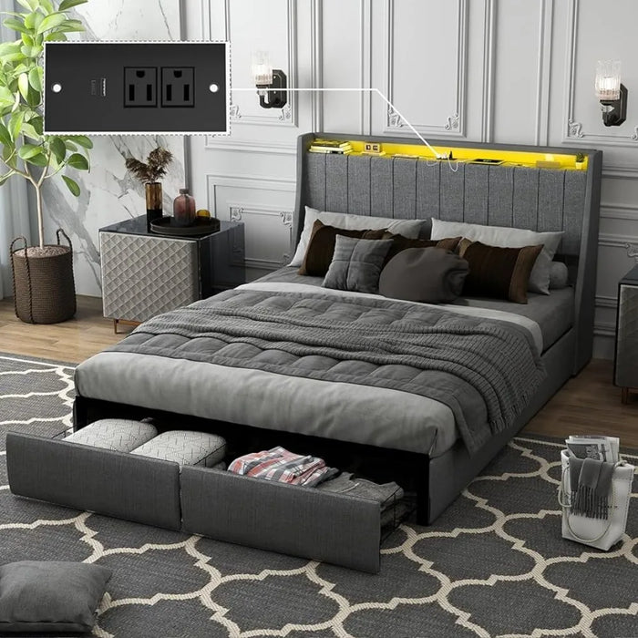 Bed Frame, LED Remote Control Grey 1-tier Storage Headboard with 2 Storage Drawers Padded Tufted Wing Back Bed Frame