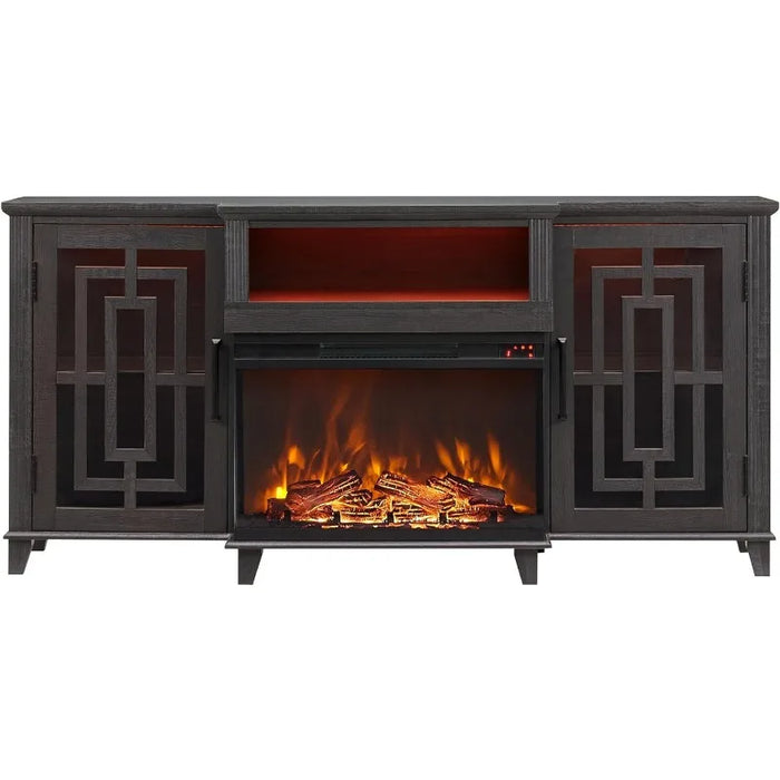3-Sided Glass Fireplace TV Stand for 75 Inch TV w/LED Light, Farmhouse Highboy Entertainment Center with 26in Electric Fireplace