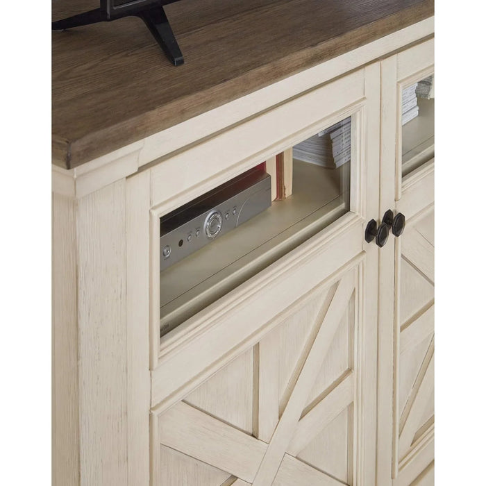 Farmhouse TV Stand Fits TVs up to 48", 2 Cabinet Doors and Adjustable Storage Shelves, Whitewash & Light Brown