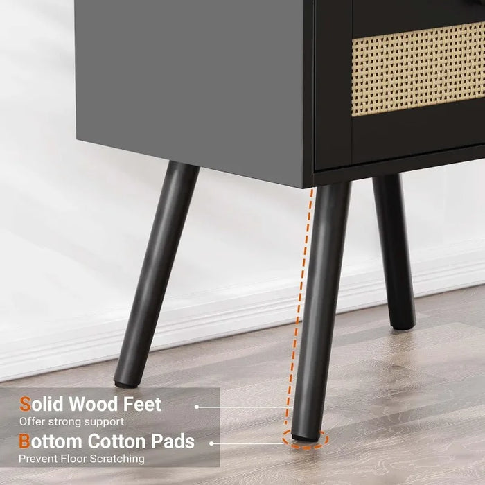 SUPERJARE Nightstands with Charging Station,Bedside Table Set of 2 with PE Rattan Drawers,Rattan Side Table with Storage & Solid