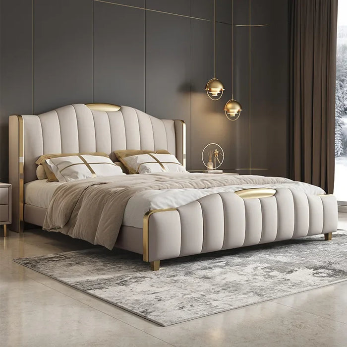 Italian minimalist leather bed, modern minimalist master bedroom king bed, bedroom size double bed, light luxury high-end bed