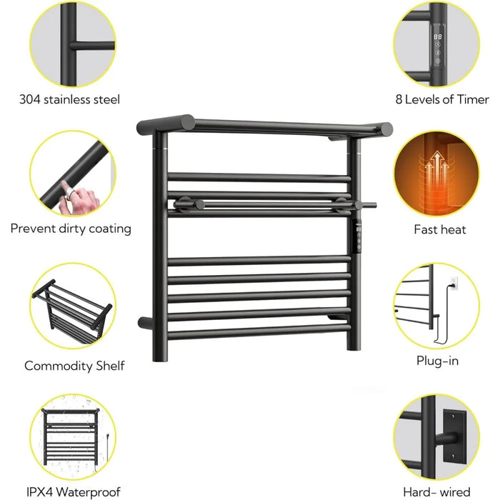Bathroom Organizer Matte Black Towel Holder Heated Towel Rack for Bathroom Washhand Stand Hard-Wired/Plug-in Accessories Towels
