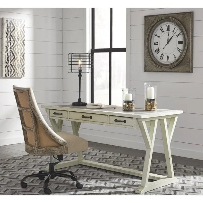 Design by Ashley Jonileene Farmhouse Home Office Desk with Drawers, White & Gray