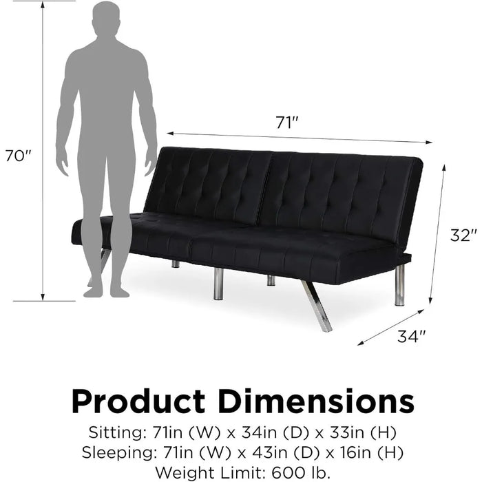 DHP Emily Futon With Chrome Legs, Black Faux Leather