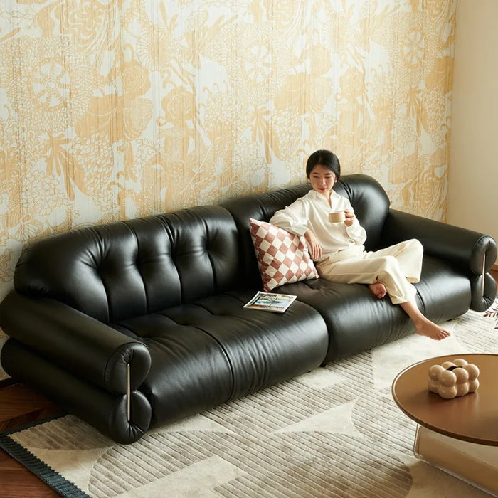 French retro light luxury leather sofa three middle black straight line head layer cowhide sofa