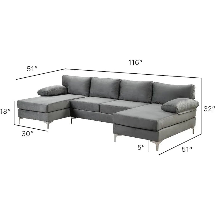Milano Modern Large Velvet Fabric U-Shape Sectional Sofa, Double Extra Wide Chaise Lounge Couch
