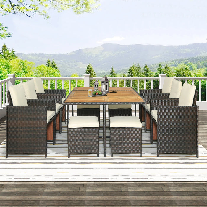 11-Piece Patio Furniture Set Patio All-Weather PE Wicker Dining Table Set with Wood Tabletop for 10 Brown Rattan+Beige Cushion