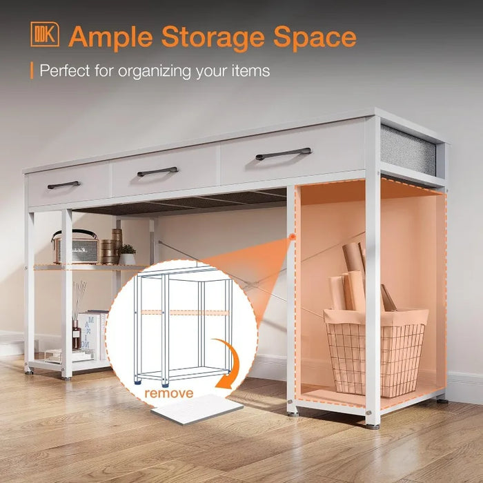 Office Small Computer Desk: Home Table with Fabric Drawers & Storage Shelves, Modern Writing Desk, White, 48"x16"