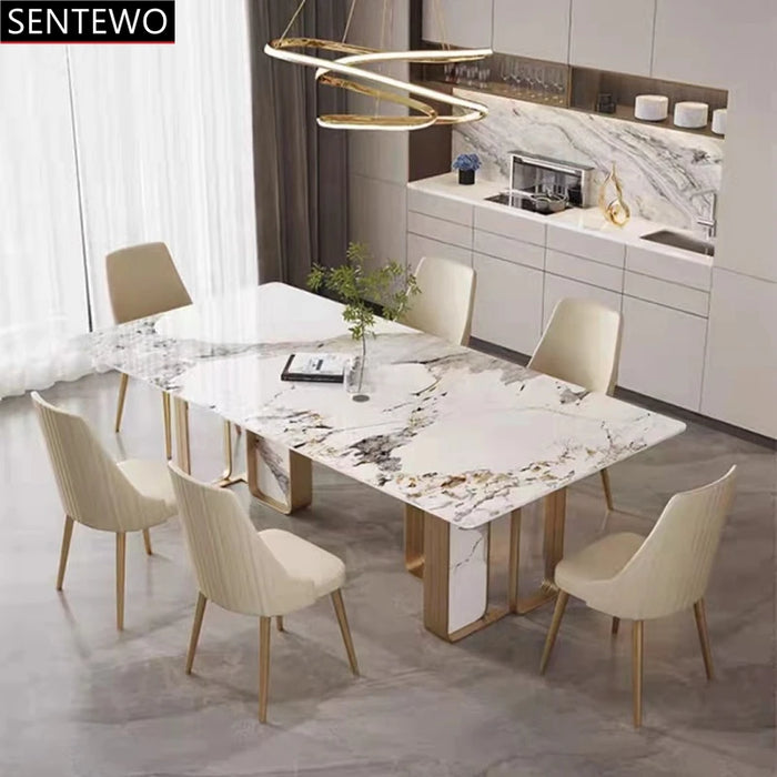 Luxury Rock Slab Dining Table 6 Chairs Set Metal Titanium Glaze Gold Frame Faux Marble Table Kitchen Furniture Eettafel Comedor