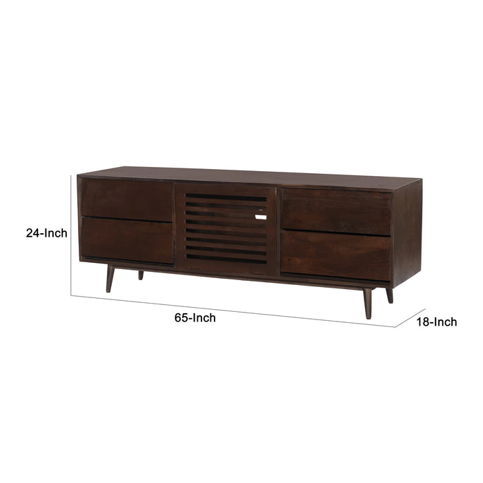 64 Inch TV Cabinet with 4 Drawers and Wooden Frame, Walnut Brown On-Site