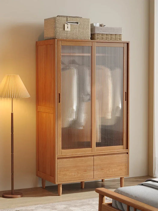 Solid wood wardrobe, home bedroom storage cabinet, small unit, natural wood oak hanging wardrobe, sliding door wardrobe